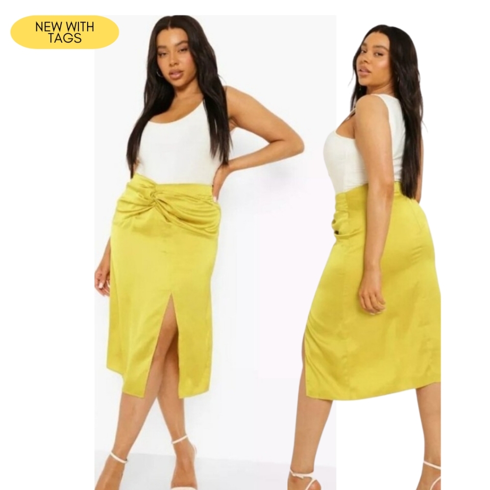 4/$20 NWT Boohoo Chartreuse Satin Bias Cut Midaxi Skirt Size 14 Plus